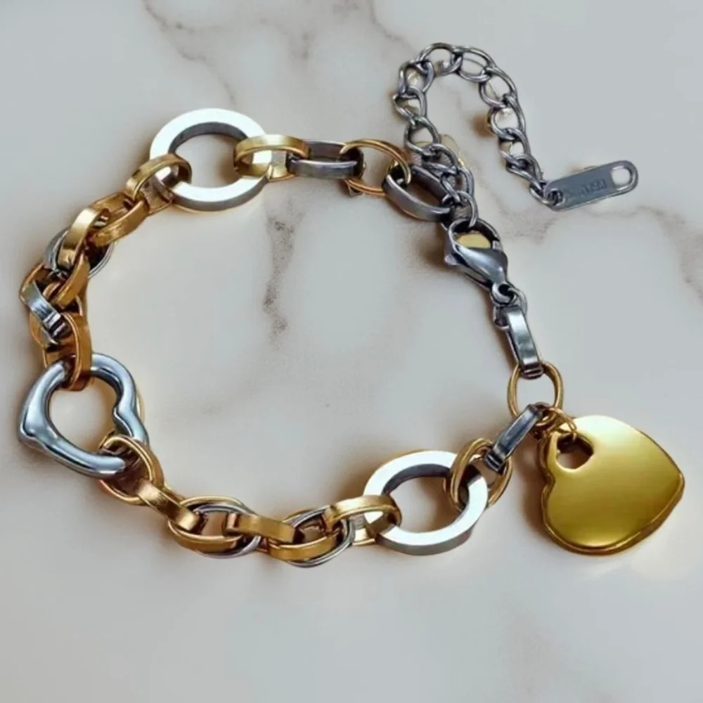 Two Tone Chain - Heart Charm Bracelets